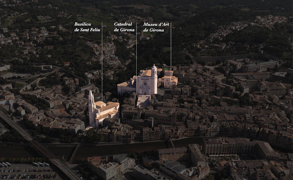 Aerial view of Girona, highlighting Basilica de Sant Feliu, Catedral de Girona, and Museu d'Art de Girona, with labels indicating their locations.