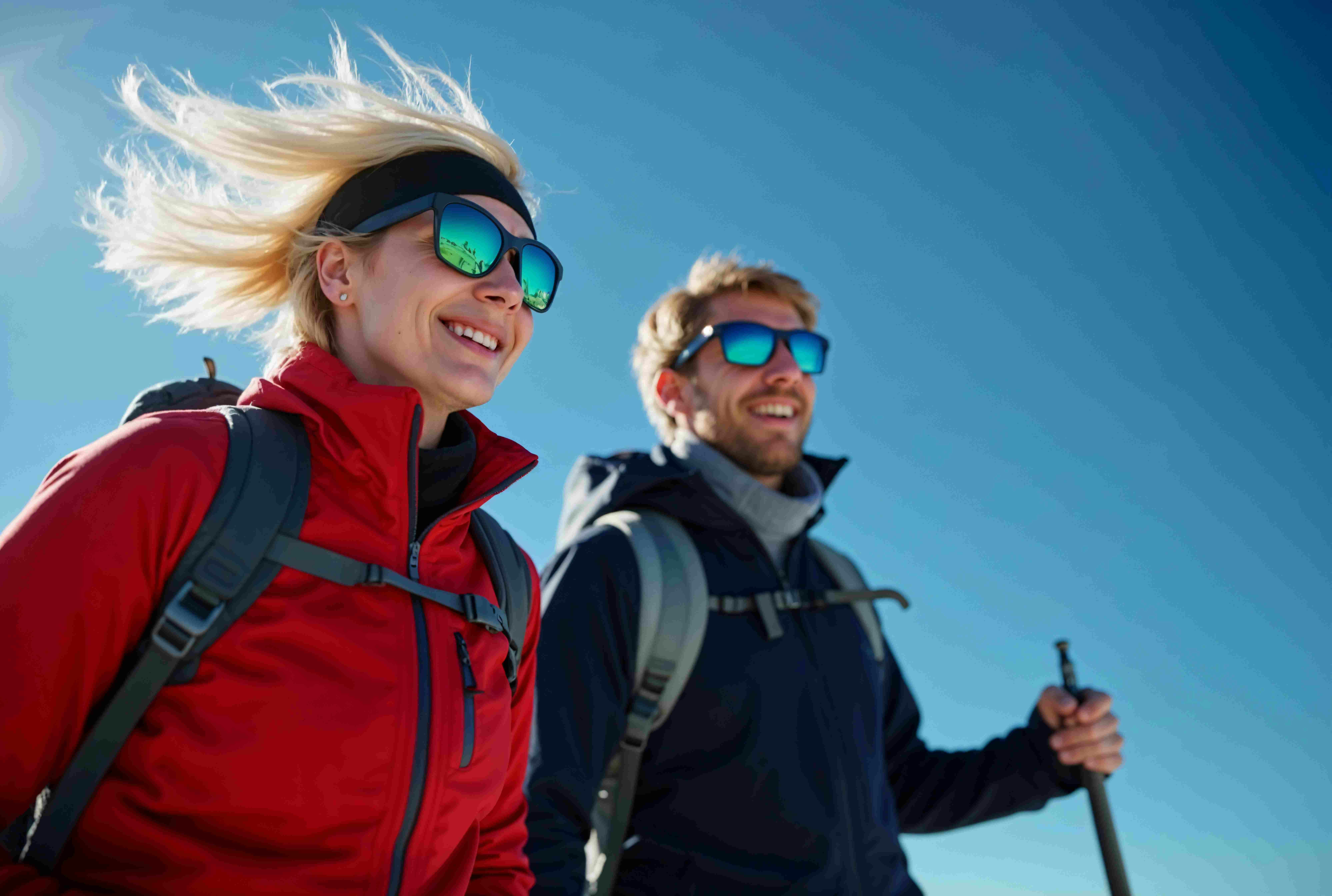 Two people wearing backpacks and sunglasses, smiling against a clear blue sky. One wears a red jacket and the other a dark jacket.