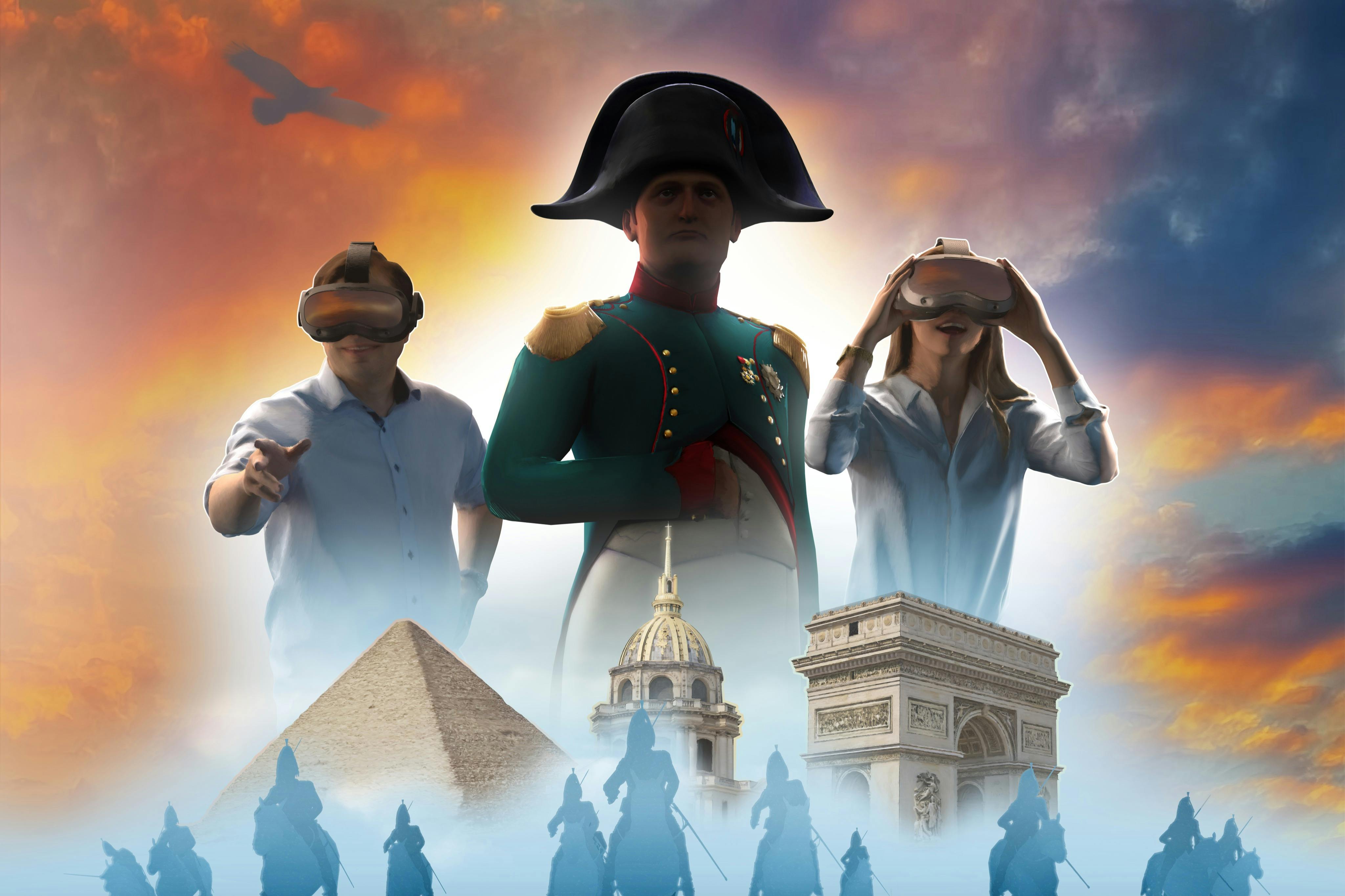 Ett collage med en historisk figur i uniform, VR-användare, landmärken och en militär silhuett mot en dramatisk himmel.