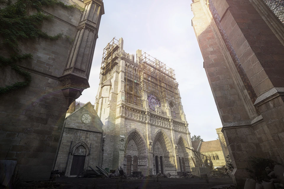 A cathedral under restoration with scaffolding, sunlight illuminating its facade, and surrounding buildings visible.
