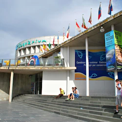 Människor sitter och går nerför trappor utanför ett akvarium med internationella flaggor, blå skyltar och haj- och fiskbanderoller.