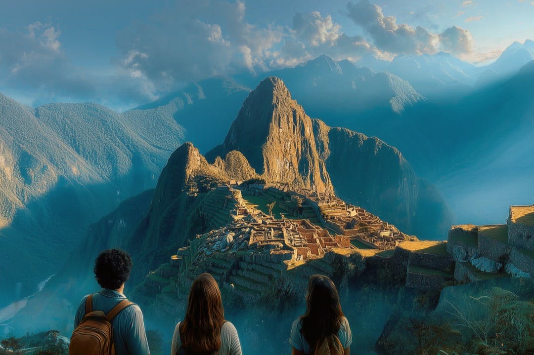 Три человека стоят лицом к древним руинам Мачу-Пикчу с горами и частично облачным небом на заднем плане.