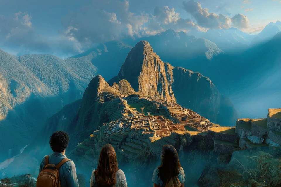Three people stand facing the ancient ruins of Machu Picchu, with mountains and a partly cloudy sky in the background.