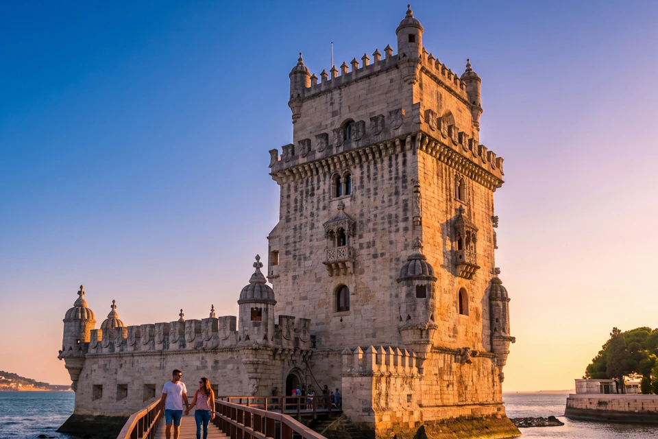 A historic stone tower with ornate architecture at sunset, with two people walking on a wooden bridge in the foreground.