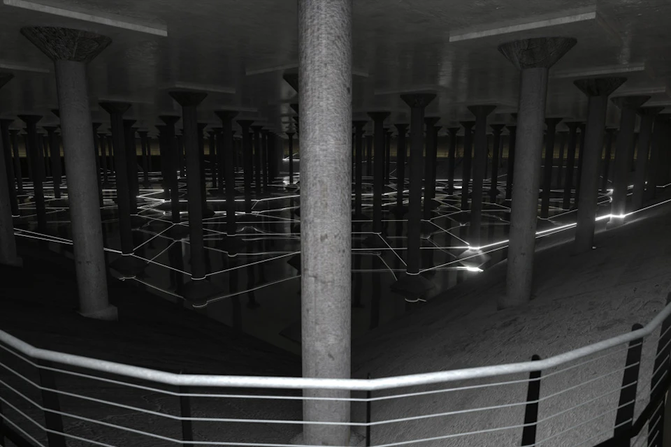 A dimly lit underground space with numerous columns and reflective surfaces, featuring intersecting light patterns.