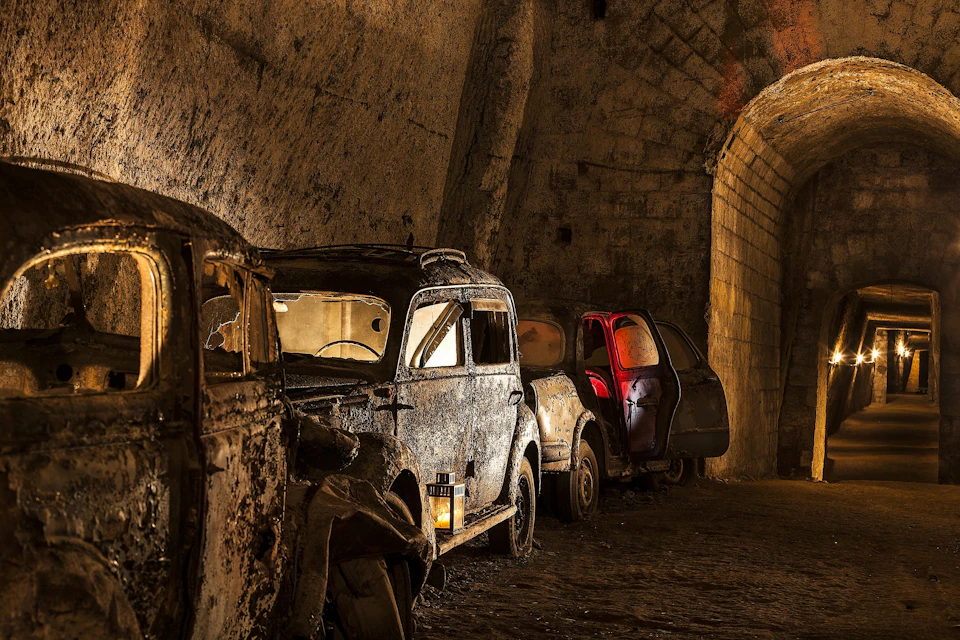 Three rusted, vintage cars in an old, dimly-lit underground tunnel, with one lantern illuminating the scene.