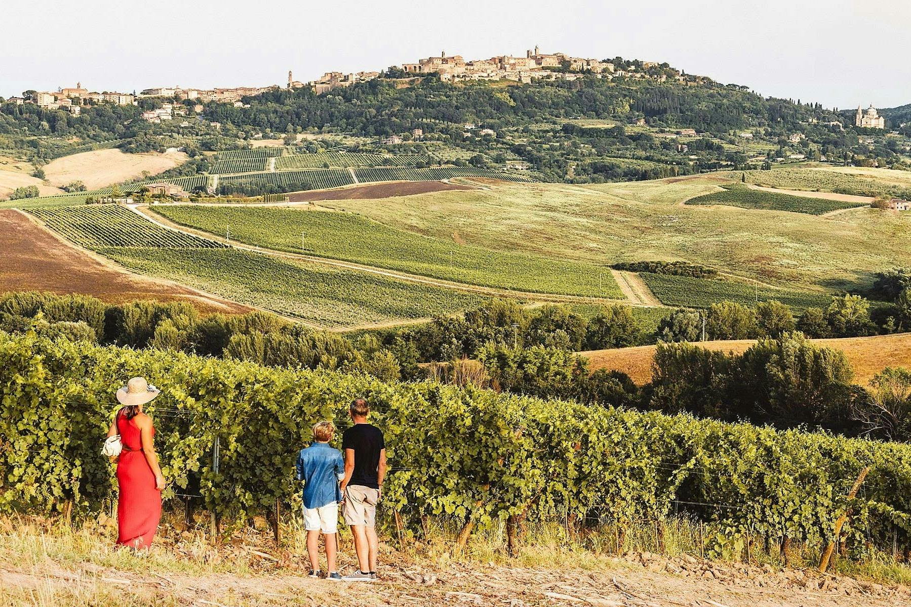 La famiglia visita i vigneti con vista su Montepulciano