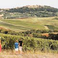 Familien besøger vinmarker med udsigt over Montepulciano
