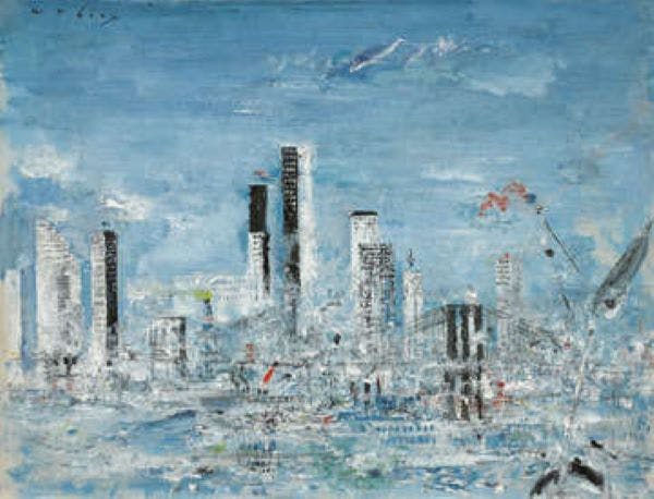 Abstract painting of a cityscape with tall buildings under a blue sky, characterized by bold brush strokes and a textured finish.