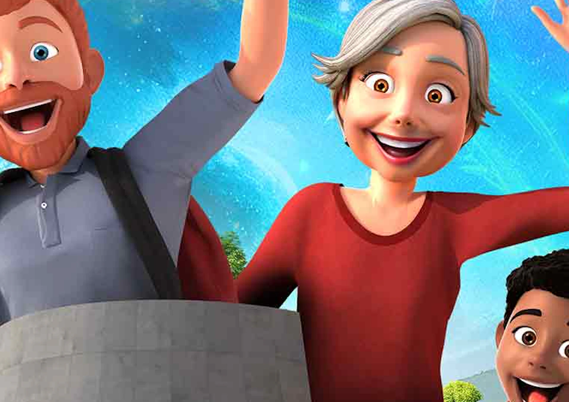 Animated characters cheering with raised hands, a roller coaster, and a volcano in the background under a starry sky.
