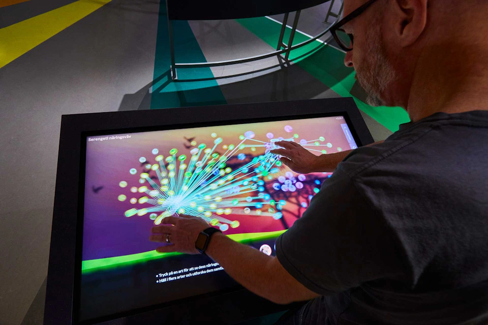 A person interacts with a touchscreen table displaying a colorful network diagram.