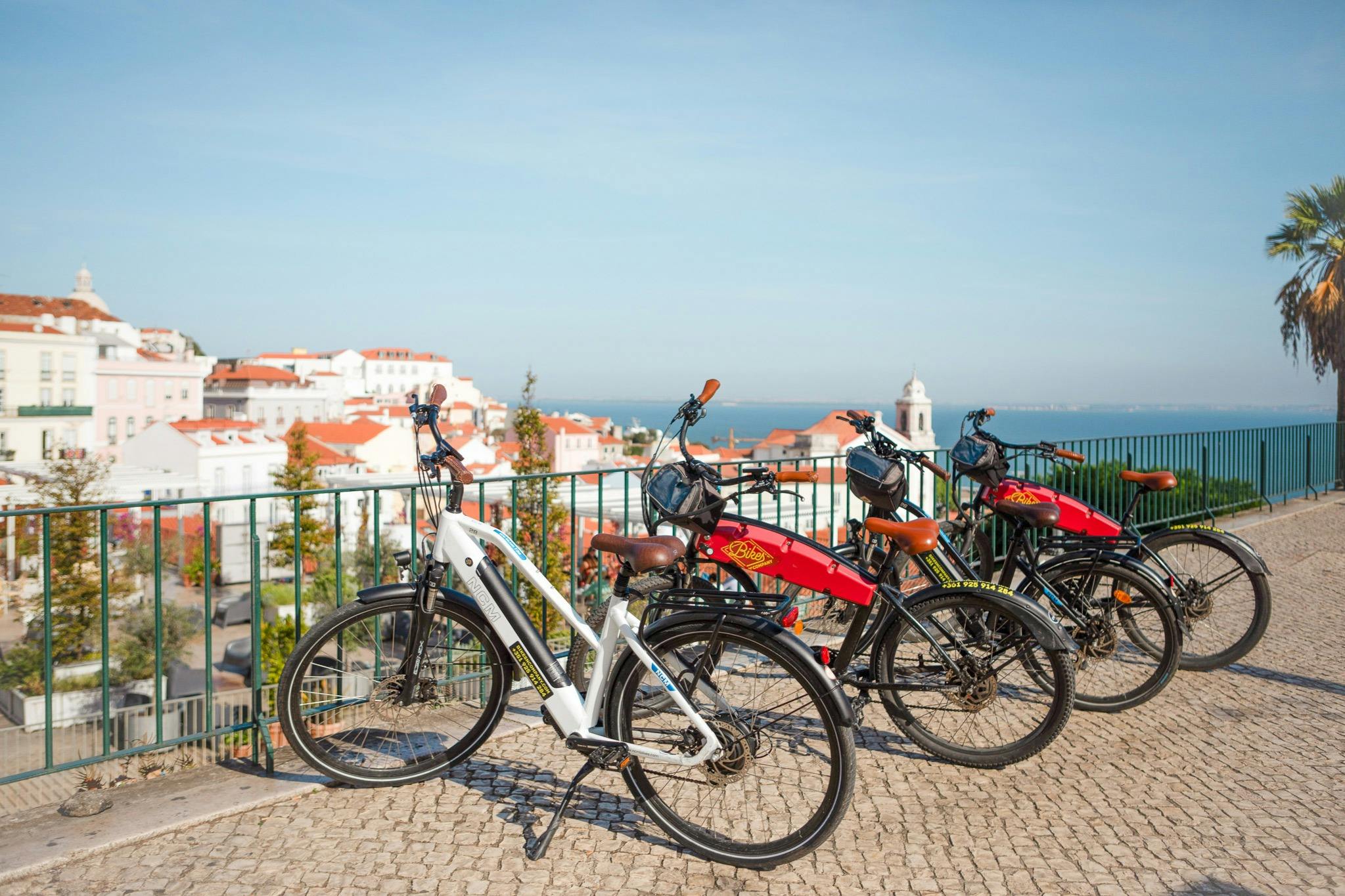 Touristes profitant d'un tour en E-Bike à Lisbonne, avec un arrêt pour admirer la vue.