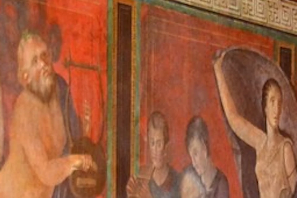 Fresco painting depicting human figures engaged in various activities, with a red background and ornate border designs.
