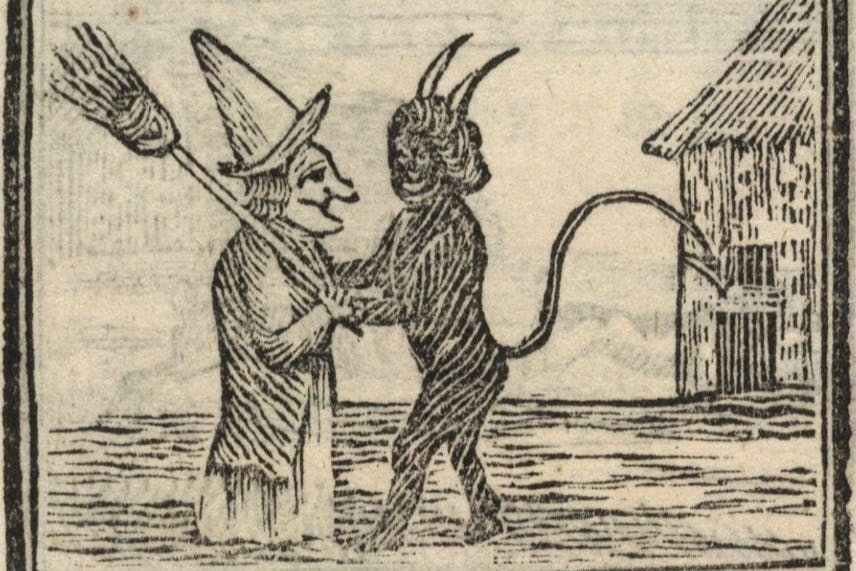 "세상이 뒤집혔다" 에서 마녀를 끌어안는 악마.