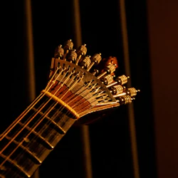 Närbild av ett strängat musikinstrumentets pinnhuvud med flera stämpinnar i varm, låg belysning.