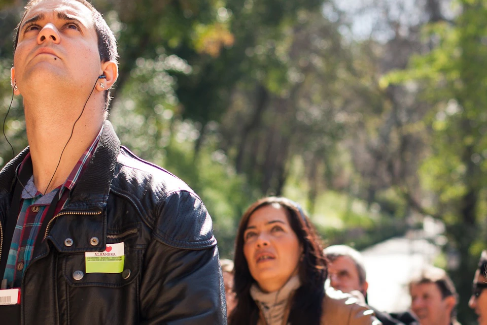 A group of people outdoors, wearing audio tour devices, looking upwards, surrounded by trees and sunlight.