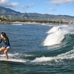 A person surfing a wave near a scenic coastline with mountains in the background under a blue sky.