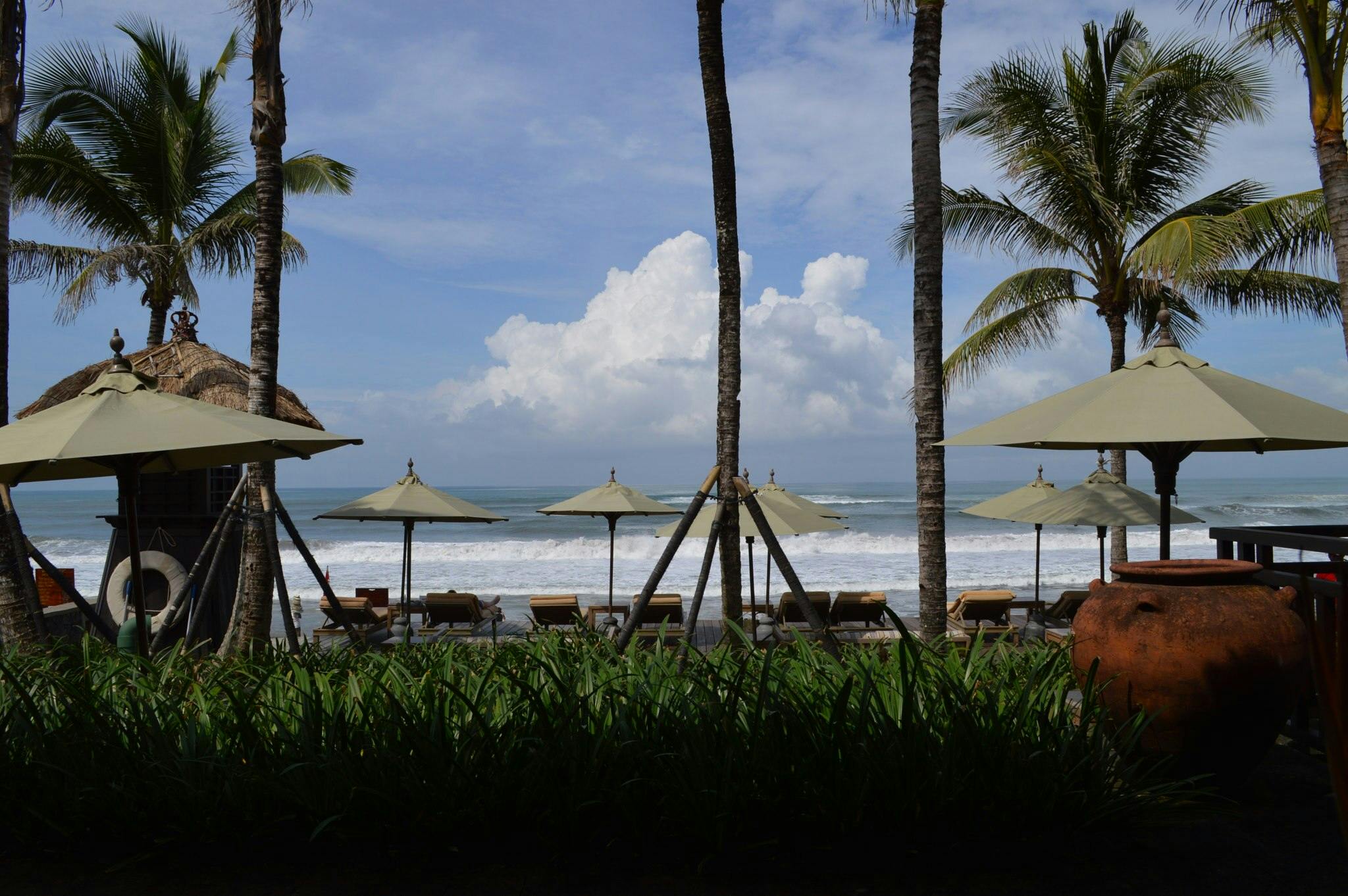 在多云的蓝天下，海滩上有棕榈树、绿伞、躺椅和海浪。