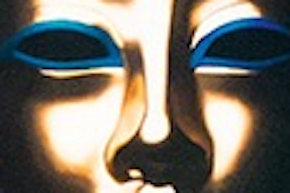 Golden mask resembling King Tutankhamun, surrounded by bright blue sparks and dark background.