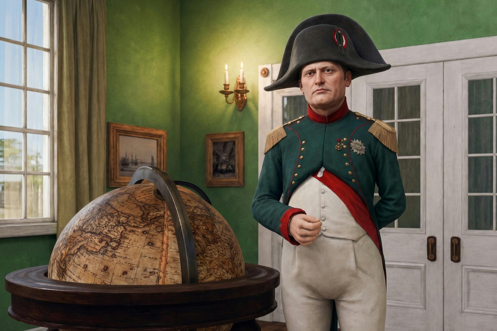 En man i historisk militäruniform står i ett grönt rum bredvid en jordglob och under inramade bilder på väggen.