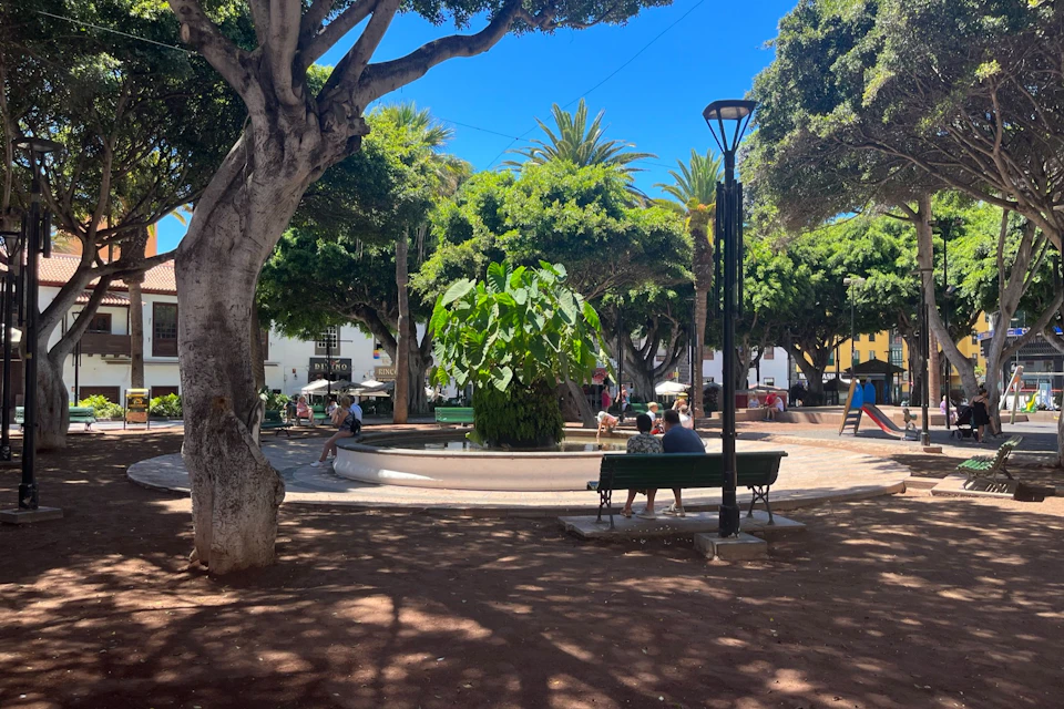 A park with large trees, a central fountain, benches with people sitting, and a lamppost. Bright, sunny day with clear blue sky.