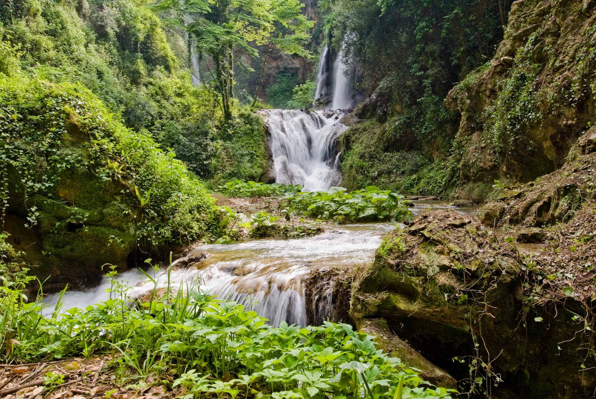 A multi-tiered waterfall cascades through a lush green forest with vibrant vegetation and moss-covered rocks.