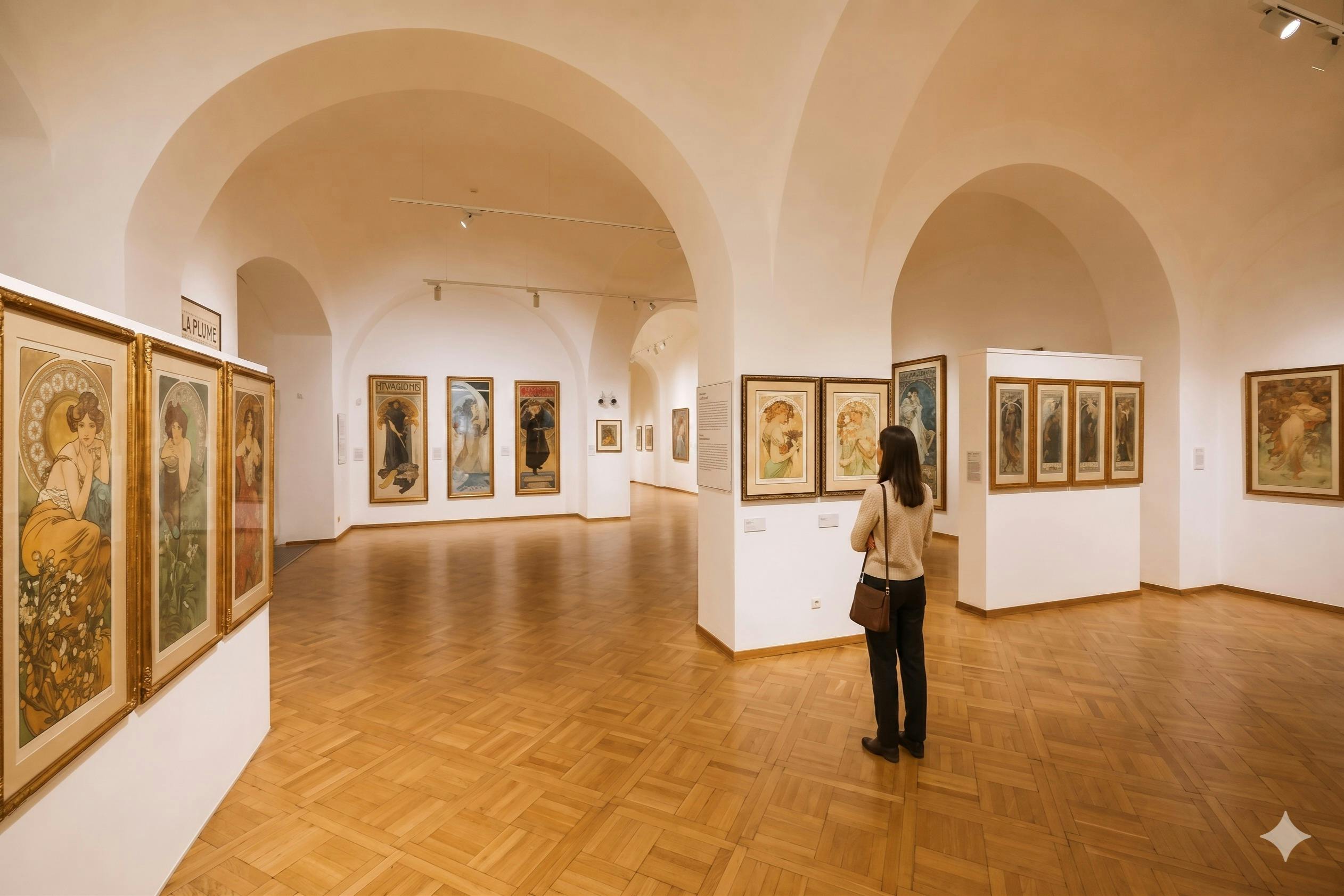 En person ser inramade konstverk som visas på väggarna i ett galleri med välvda tak och trägolv.