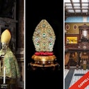 Three images: A statue of a bishop with a golden mitre, a jeweled mitre on display, and an ornate room with intricate decor.