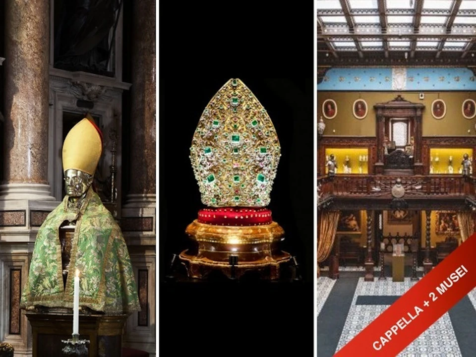Three images: A statue of a bishop with a golden mitre, a jeweled mitre on display, and an ornate room with intricate decor.