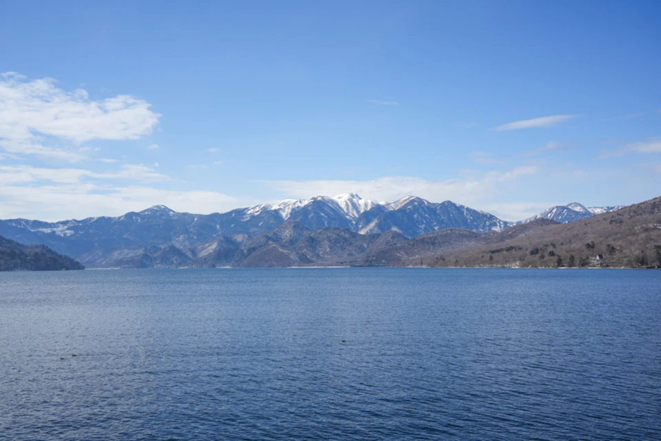 A serene lake with snowy mountains in the background under a clear blue sky.