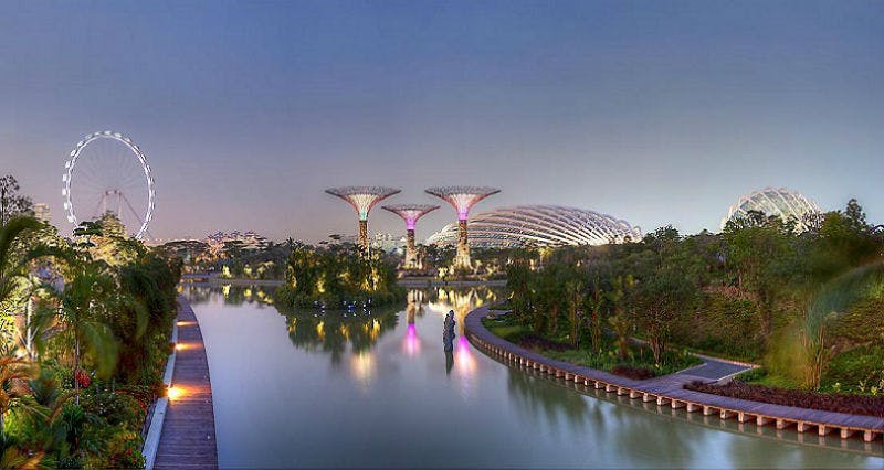 Klidná vodní cesta s futuristickými, osvětlenými stromovými strukturami a klenutým skleníkem v pozadí, obklopená bujnou zelení za soumraku.