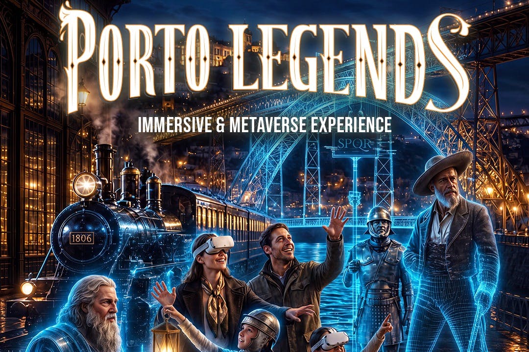 기차, VR 헤드셋을 착용한 사람들, 'Porto Legends: Immersive & Metaverse Experience' 라는 문구가 적힌 양식화된 포스터.