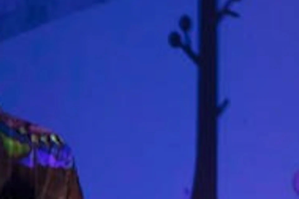 Four adults stand in a dark room, illuminated by colorful, animated projections of a snake and jungle background on the wall.