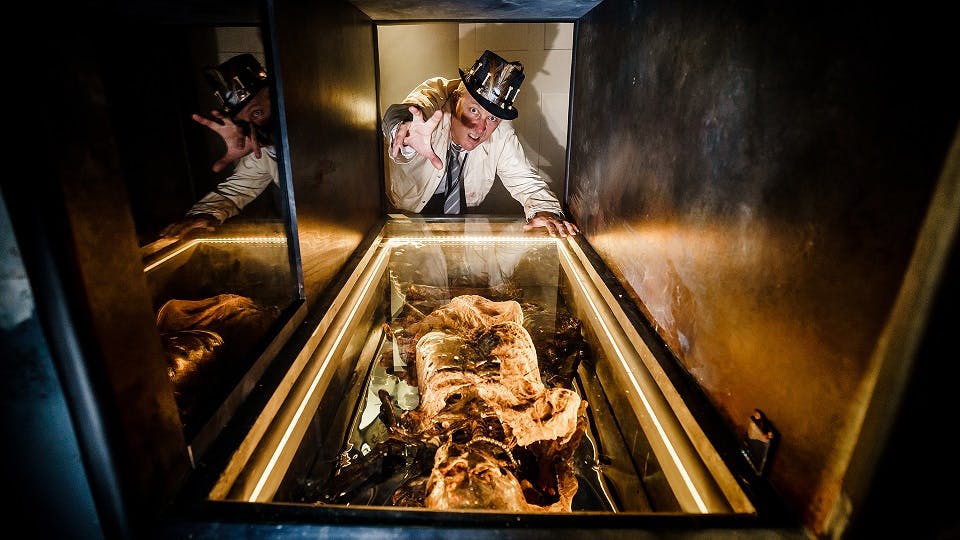Creepy scientist reaching through a crawl through space featuring a skeleton beneath glass