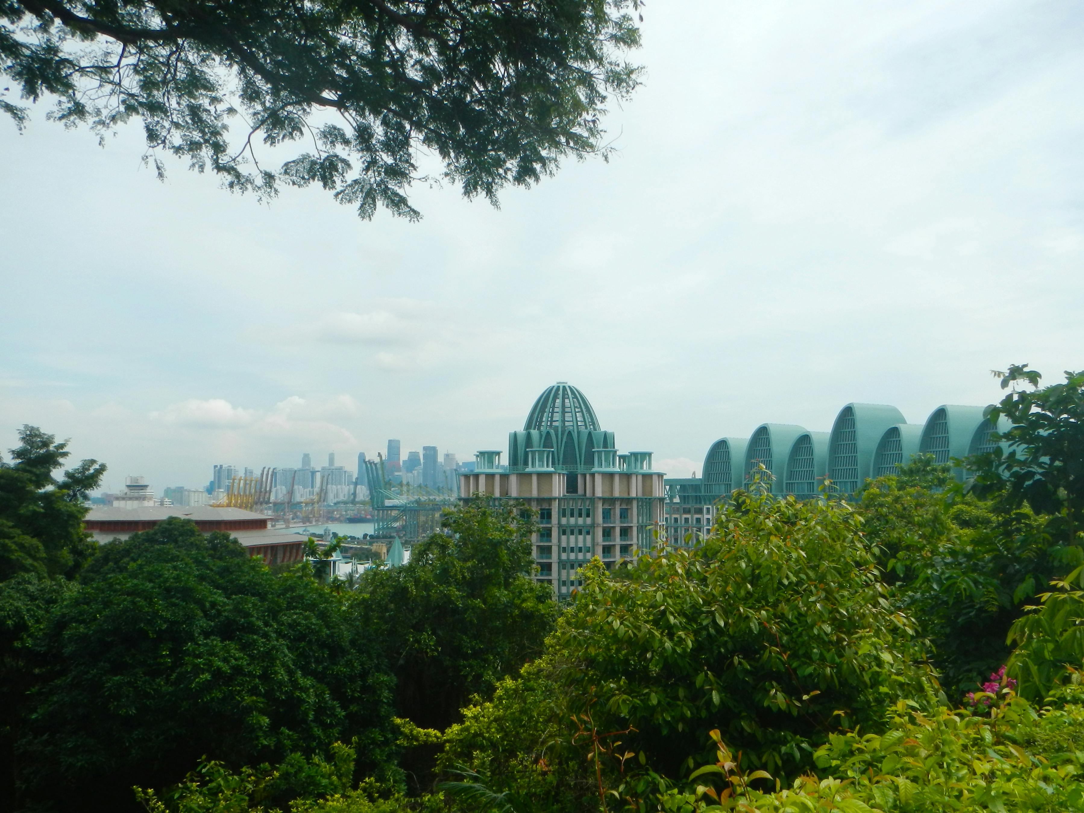 现代城市天际线，独特的绿色屋顶建筑被树木环绕，在多云的蓝天下。