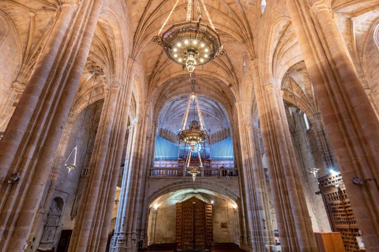 Interieur van een grootse kathedraal in gotische stijl met stenen bogen, kroonluchters en een orgel boven een houten deuropening.