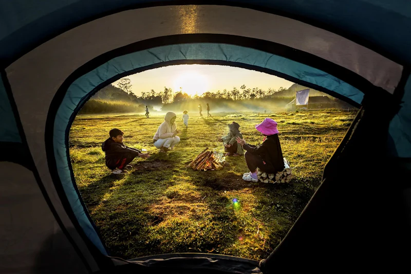 View from inside a tent of people sitting around a campfire on a grassy field at sunrise, with trees in the background.
