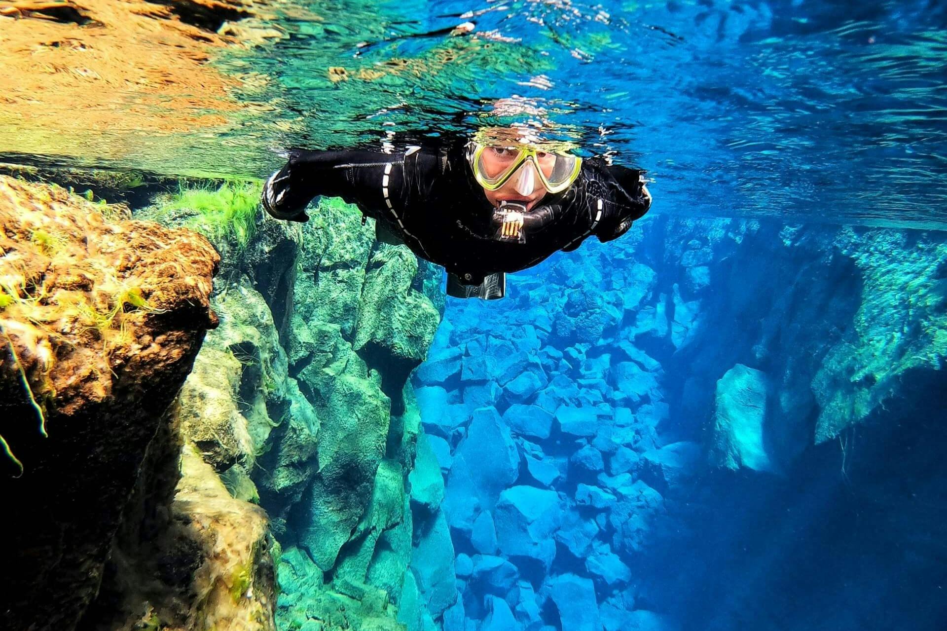 Drysuit snorkeler in Silfra