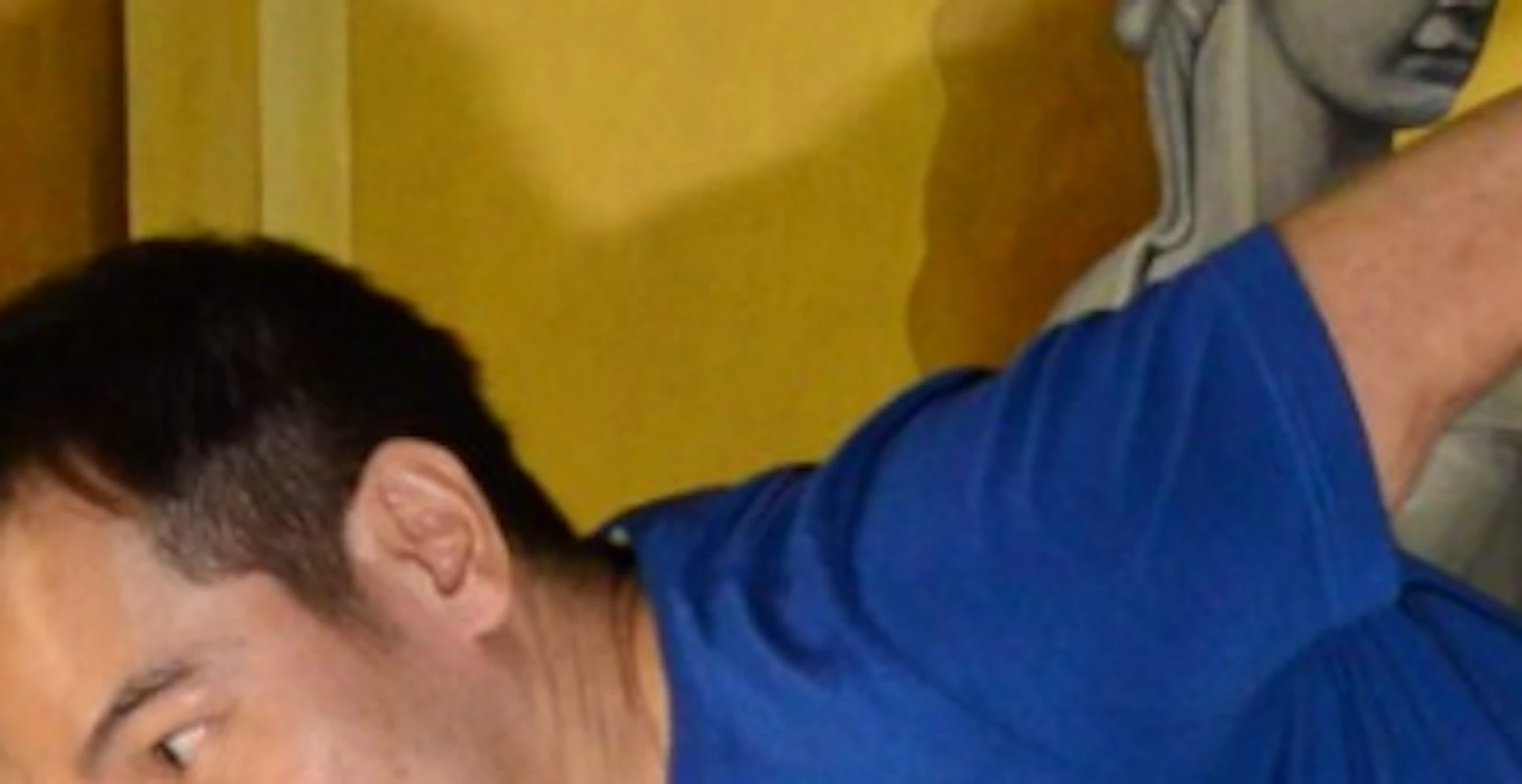 A man in a blue shirt poses as if flying in front of an optical illusion background featuring a classical statue.