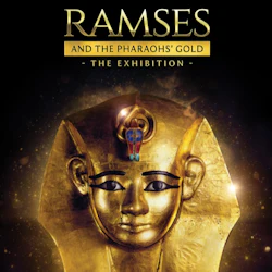 Gyllene mask av en egyptisk farao med utställningstiteln "Ramses och faraonernas guld" som visas ovan.