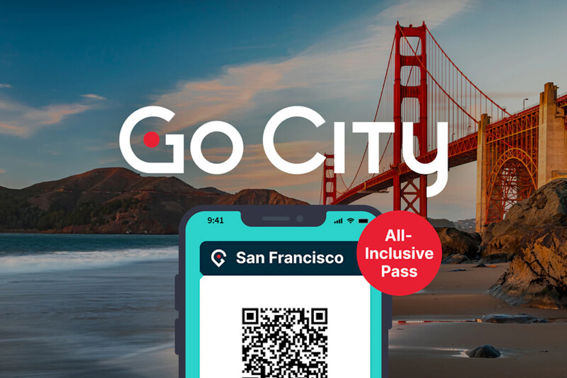 A "Go City" pass for San Francisco displayed on a smartphone screen, with the Golden Gate Bridge in the background.