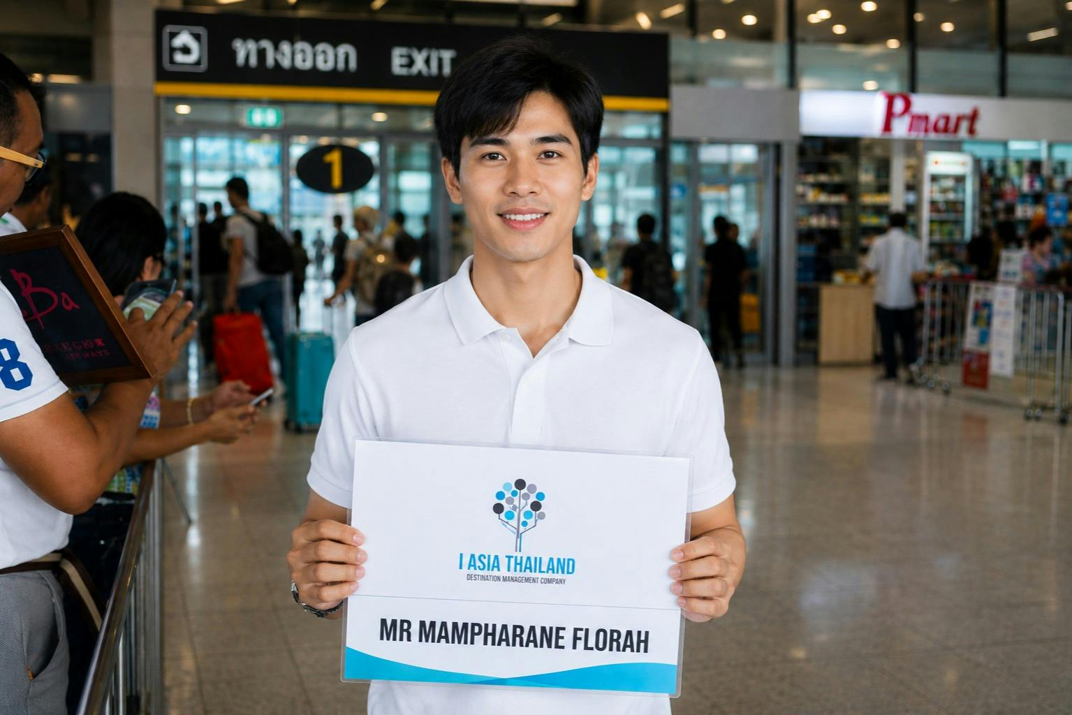 A person in a white shirt holding a sign that reads "I Asia Thailand, Mr Mampharane Florah" in an airport setting.