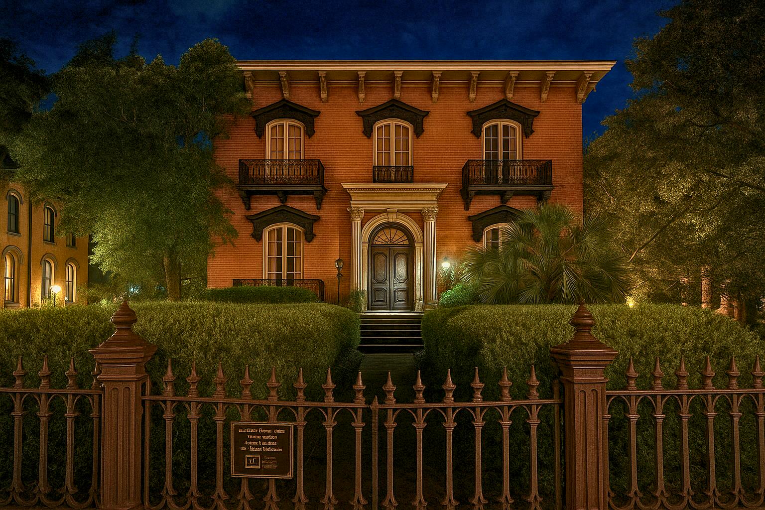 Un bâtiment historique en briques avec des fenêtres cintrées, des balcons ornés et un aménagement paysager luxuriant, illuminé la nuit.