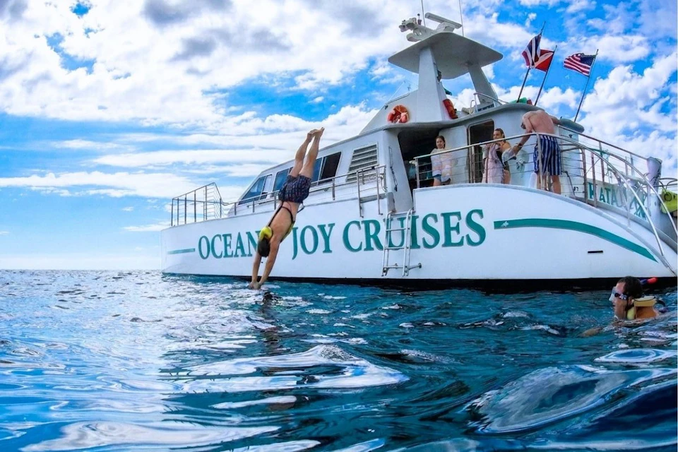 A person dives off a boat labeled 'Ocean Joy Cruises' into the sea, with others standing on the deck under a partly cloudy sky.