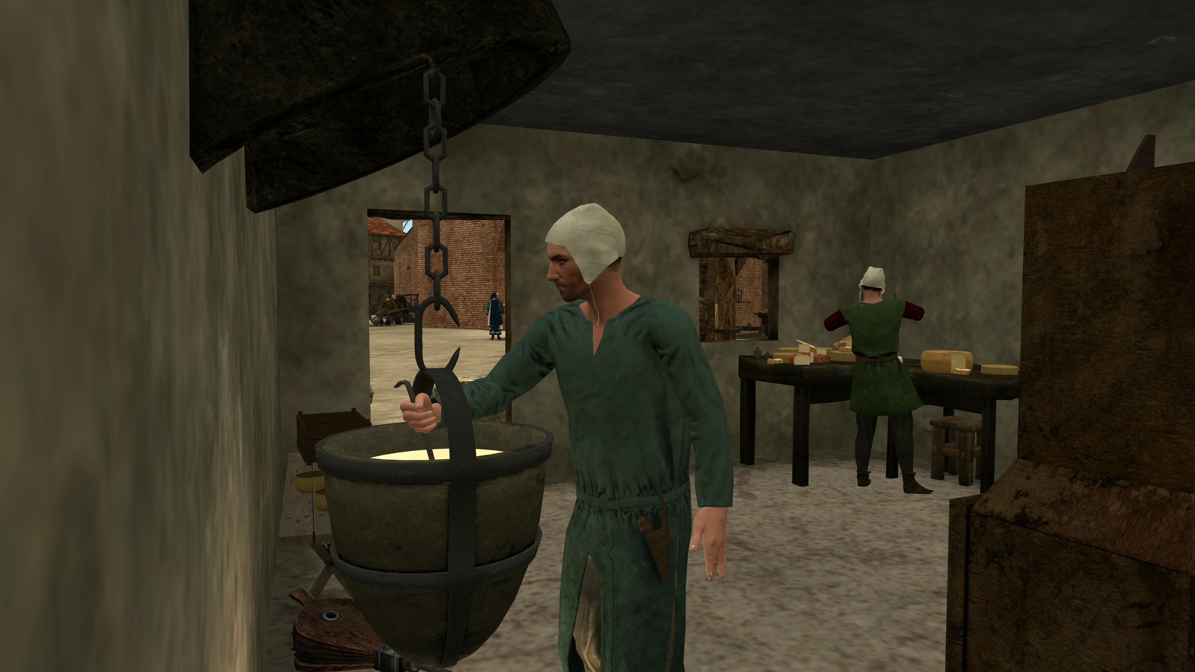 一个穿着中世纪服装的人在室内搅动一个大锅，而另一个人在后台的桌子旁工作。