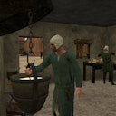 Una persona in abiti medievali agita un grande calderone in casa mentre un'altra persona lavora a un tavolo sullo sfondo.