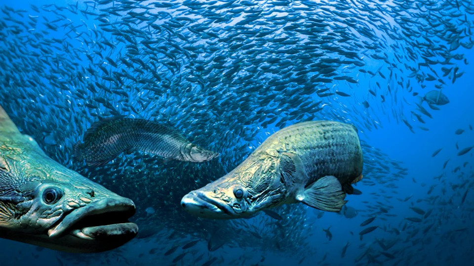 A large fish swims near a dense school of smaller fish in a deep blue underwater scene.