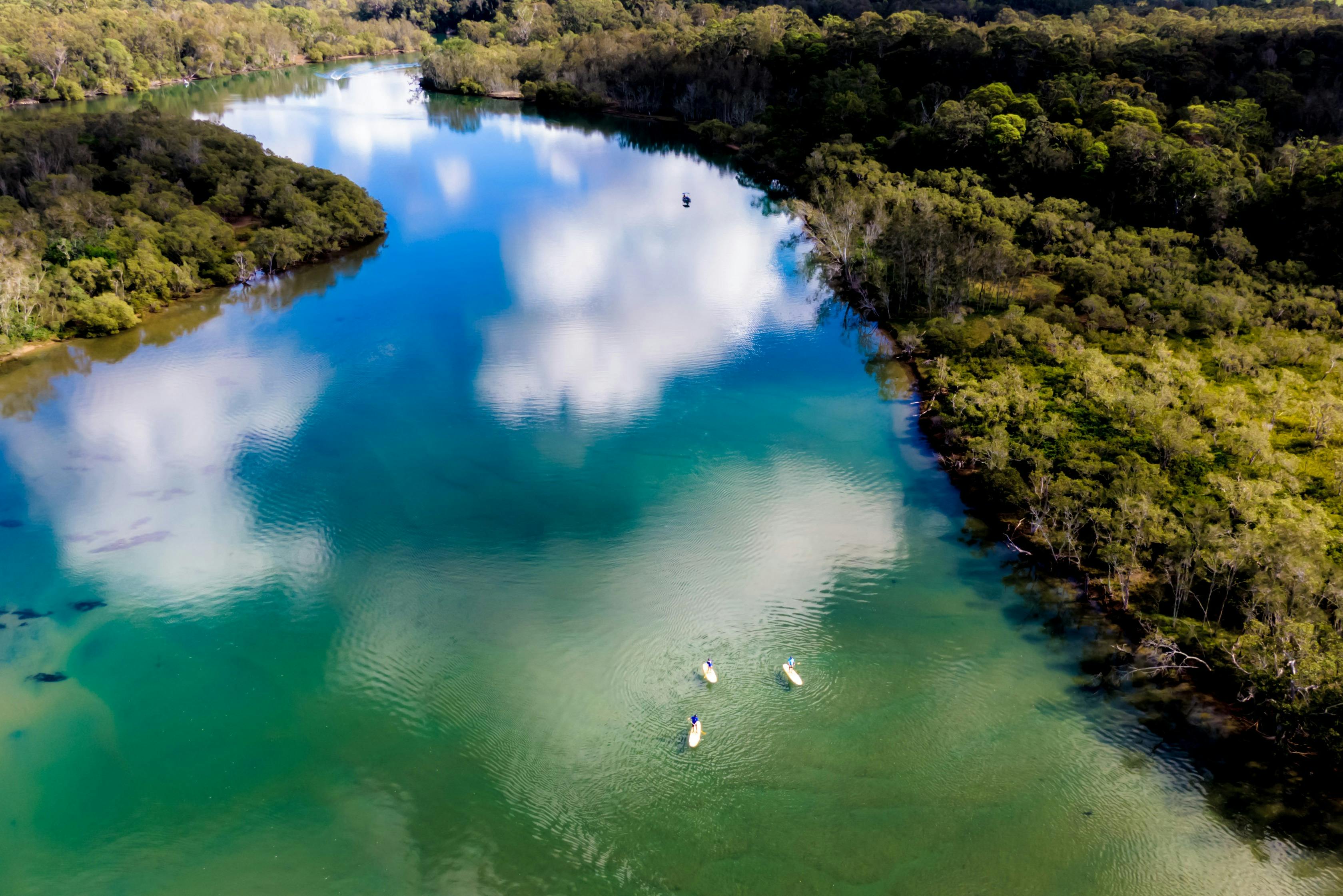 Luftfoto af paddleboardere på vej ned ad floden