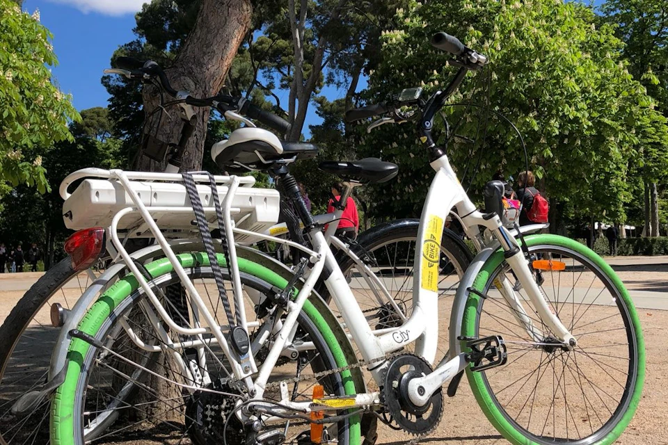 White bicycles with green wheels parked at a bike rack near trees on a sunny day. People in the background.