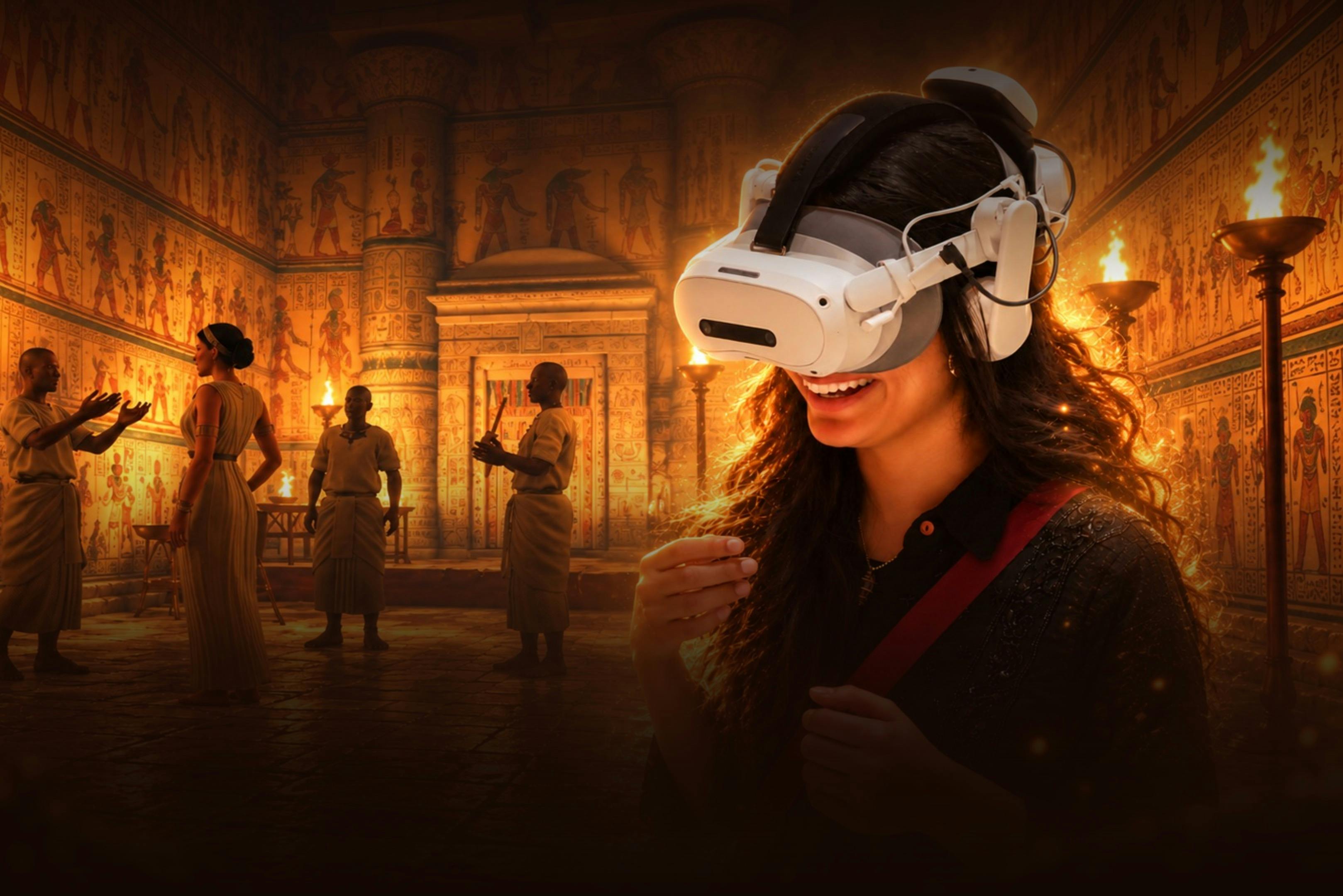 A woman wearing a virtual reality headset smiles in front of a historical setting with ancient Egyptian murals and figures.
